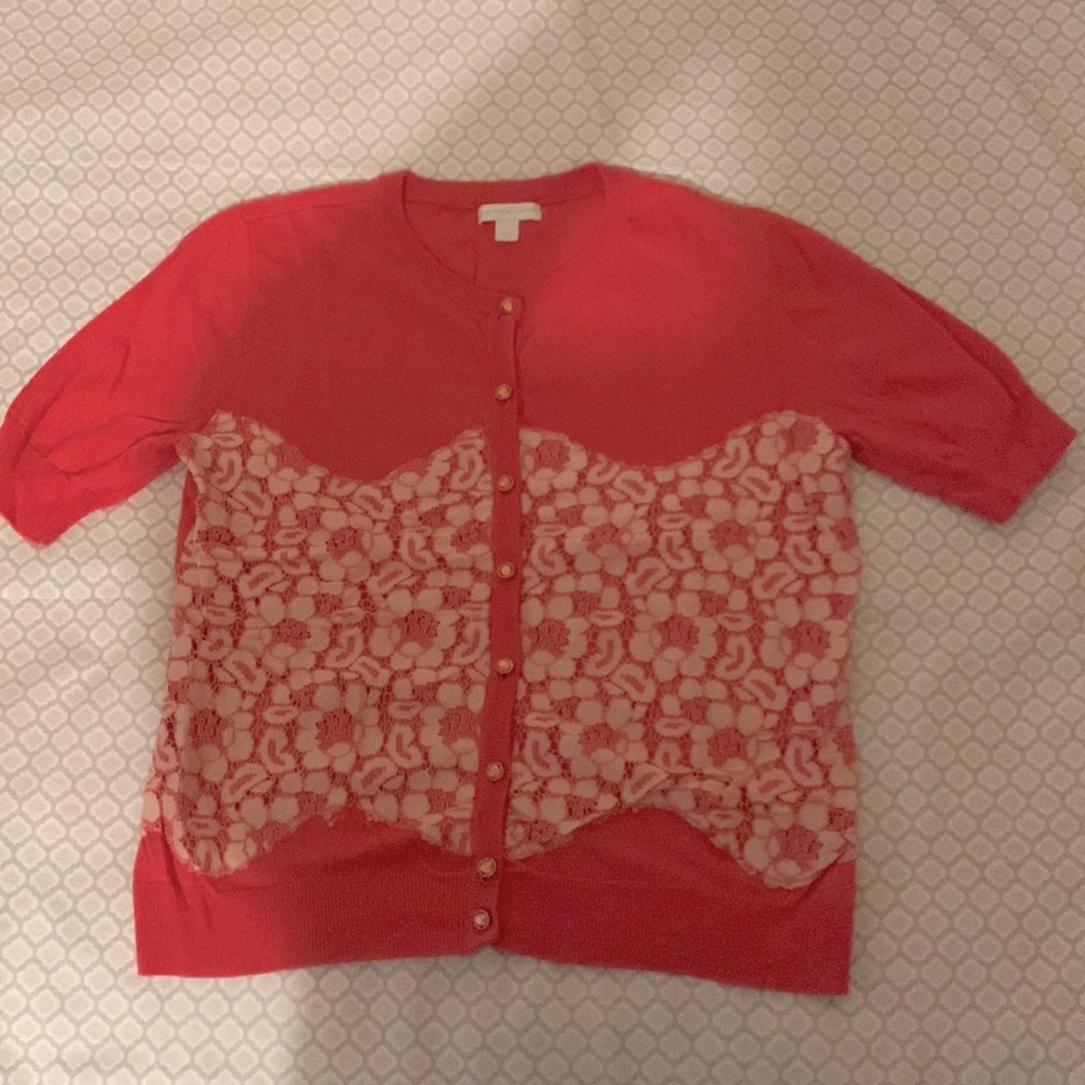 New York & Company Pink Lace Cardigan with Rhinestone Buttons. Size L.